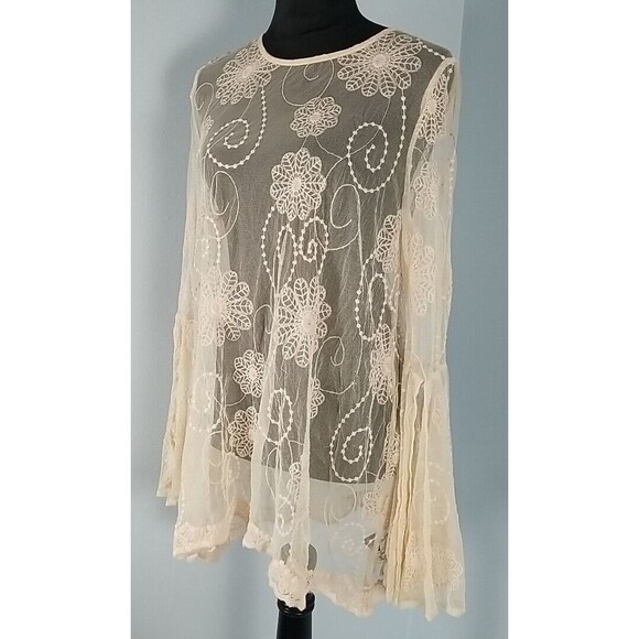 Love Stitch Sheer Boho Floral Lace Tunic Top Large Back zip Split Bell Sleeve - Picture 5 of 13